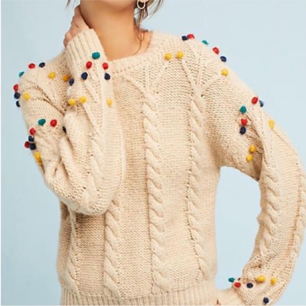 Anthropologie Pepaloves Chic Cream Cable Knit Sweater with Multicolored Accents